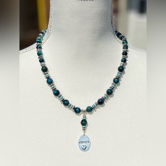 Blue Tigers Eye and Silver Necklace and Earrings Set Handmade - Picture 9 of 16